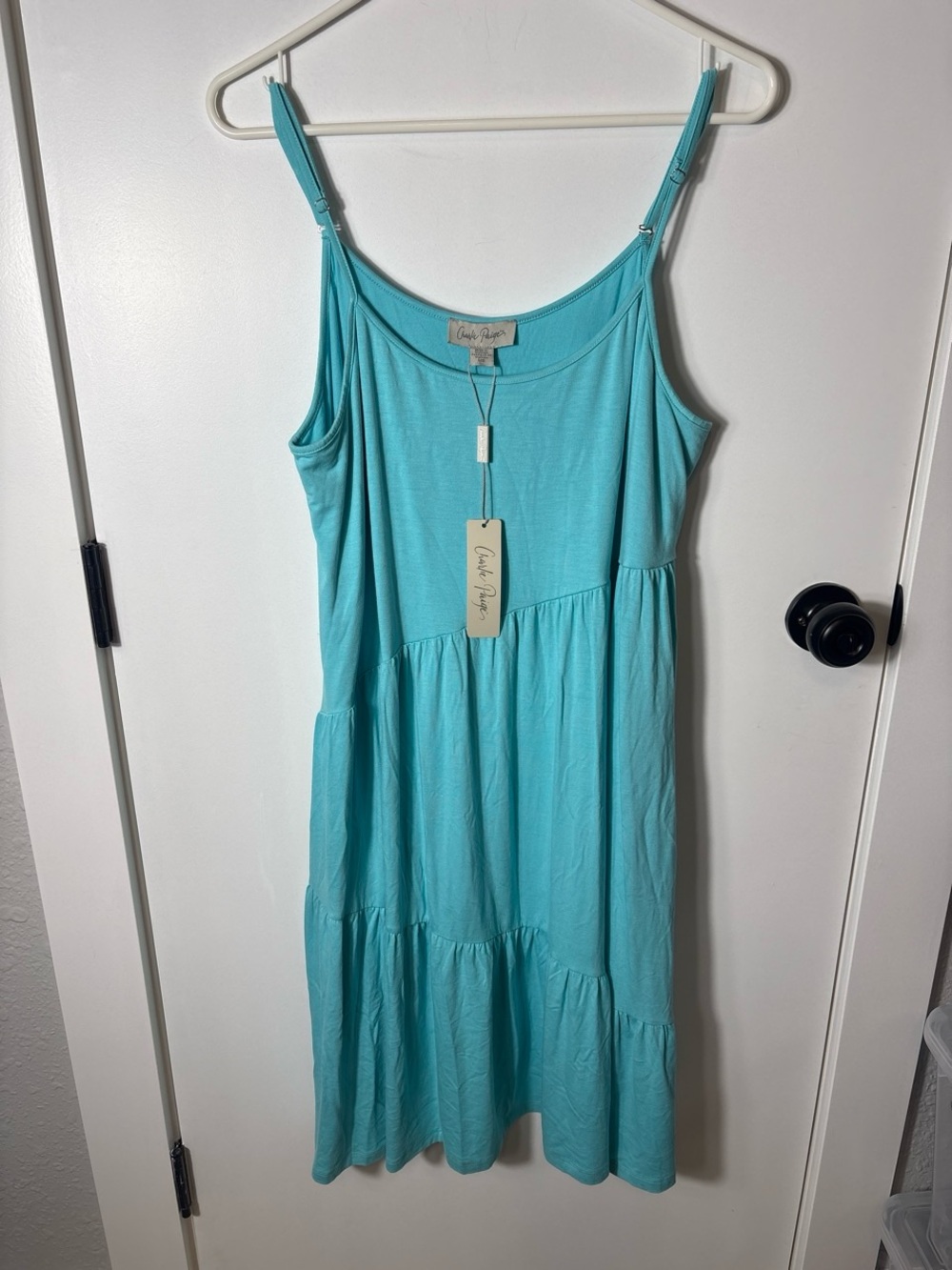 NWT Charlie Paige Aqua Blue Tiered Cami Flowy Swing Dress Size Large Resortwear